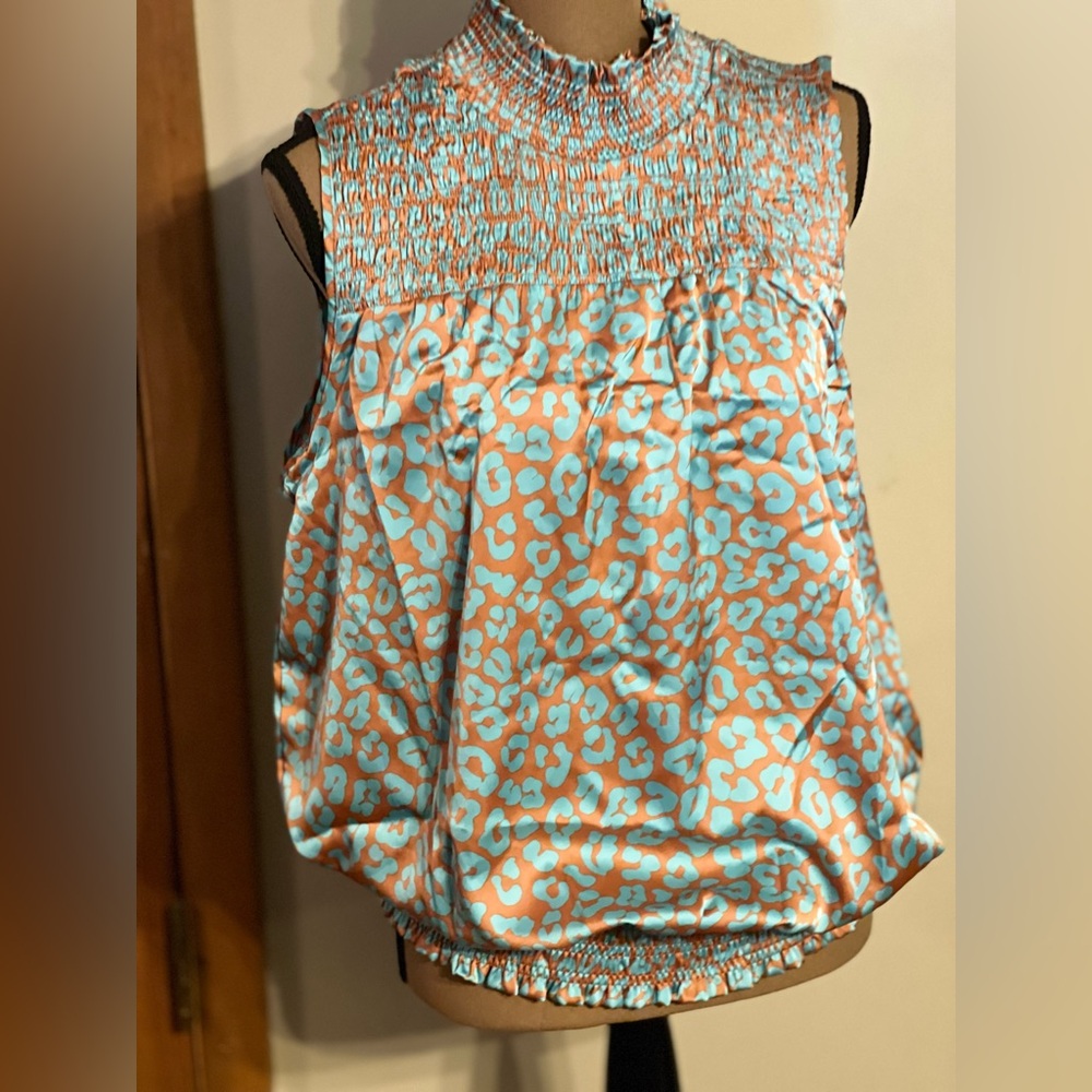 FIRST LOVE Women's Sleeveless Leopard Print Top - Blue and Orange, Size 1X